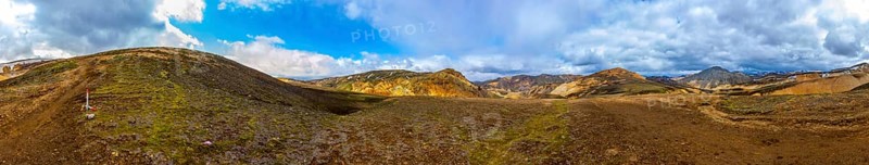 Icelandic volcanic mountain landscape in panorama. Hiking trail laugavegur in Fjallabak. Travel and tourism