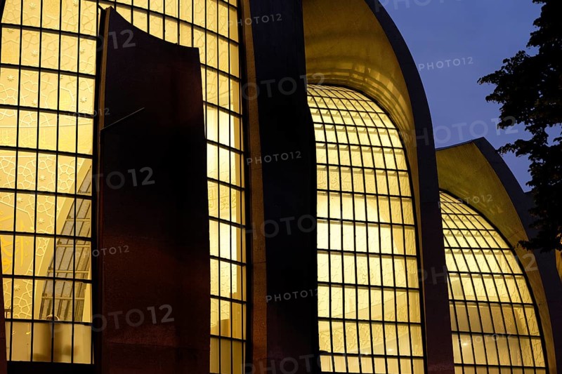 Illuminated windows of the Cologne mosque in the blue hour