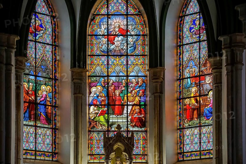 Colorful glass paintings in the church of Sanctuary Caraca, Minas Gerais, Brazil, South America