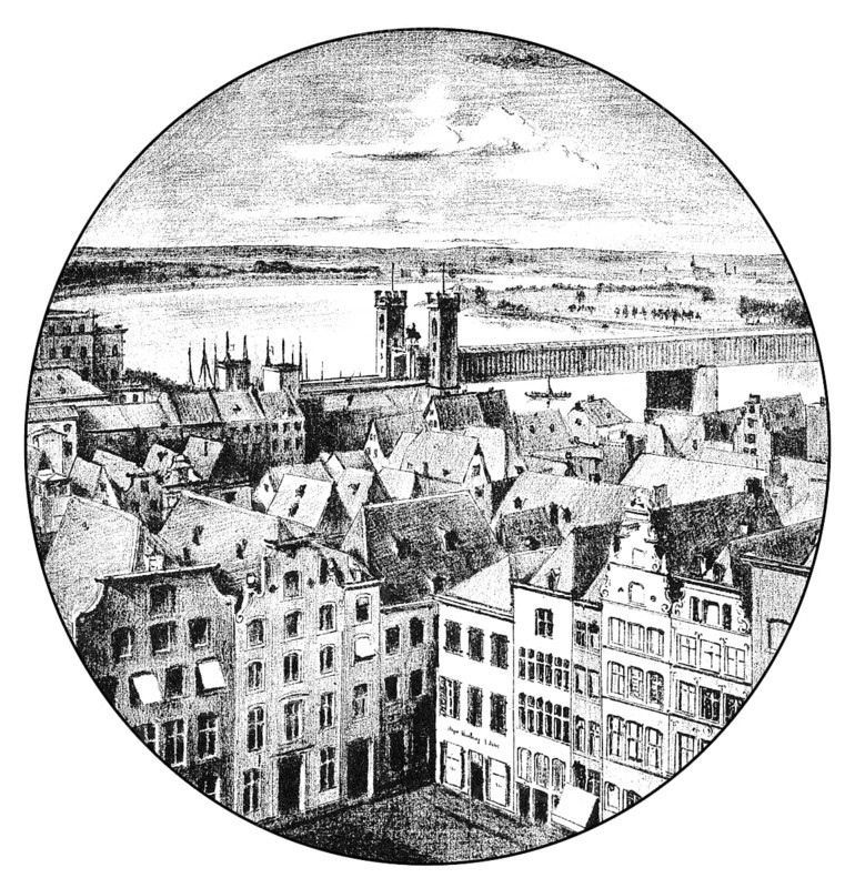 Historical architectural illustration from the 19th Century, 1881, German Renaissance style, 16th century, cityscape of Cologne, Germany, Europe, Deutsche Renaissance, Architektur-Zeichnung von 1881, Köln, Nordrhein-Westfalen, Deutschland, Europa, Europe