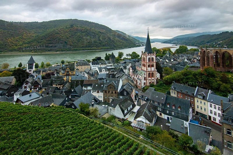 Half-timbered houses in a small village. Morning in the wine-growing region on the Rhine, Bacharach, Hesse, Germany, Europe