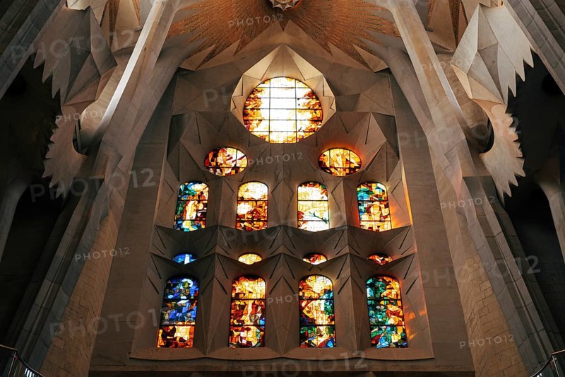 Barcelona, Spain - 15 December 2019: Stained windows from inside the Sagrada Familia in Barcelona, Spain, Europe