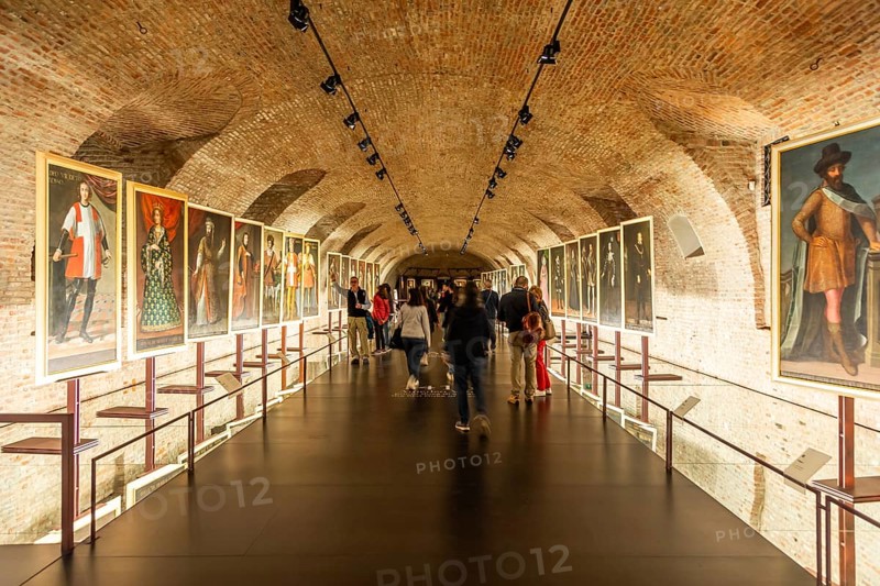 Venaria Reale, Turin, Italy, 16 July 2023: old gallery, museum with paintings perspective, Europe
