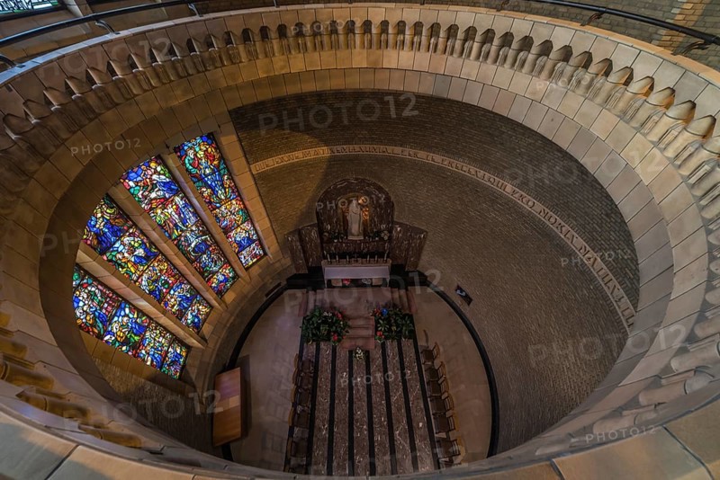 Koekelberg, Brussels Capital Region, Belgium, 10 30 2019 Art deco round shaped interior design the Catholic Basilica of the Sacred Heart, ultra wide angle view, Europe