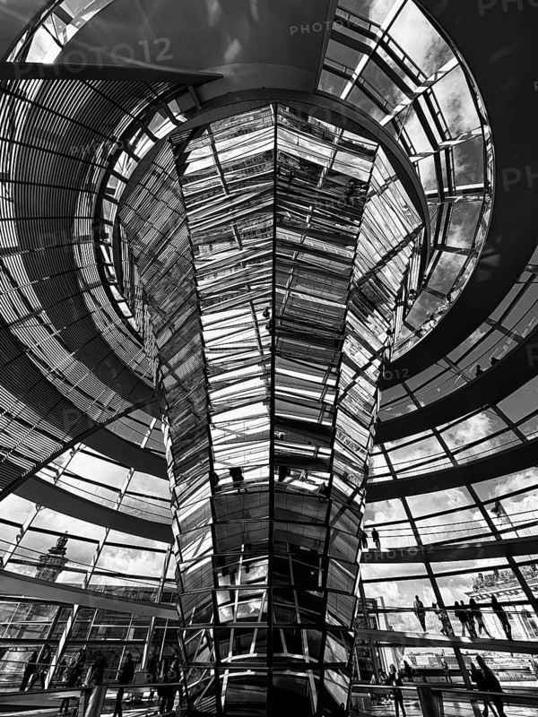 Interior view of the Reichstag dome in Berlin, black and white, Berlin, Germany, Europe