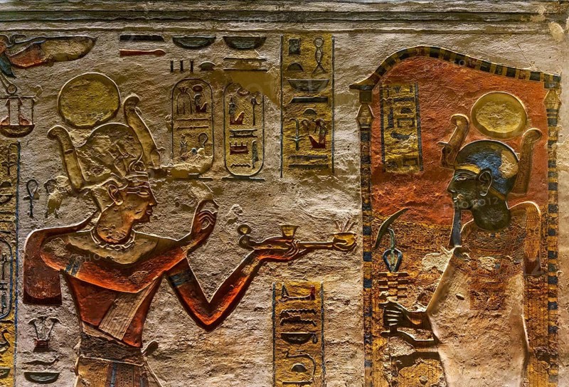 Ancient color egypt images and hieroglyphics on wall