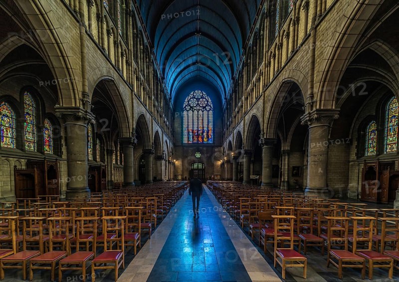 Molenbeek, Brussels Capital Region, Belgium 10 02 2019, Neo gothical interior design of the Saint Remy church with stained glass decorations