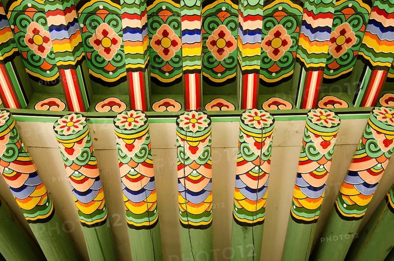 Detail of wooden painted palace building seoul south korea