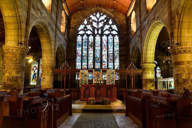 Interior view of St Salvator's Chapel at the University of St Andrews, St Andrews, Fife Region, Scotland, United Kingdom, Great Britain, Religious church with stained glass windows, an altar and elaborate arches, Scotland, United Kingdom, Great Britain, Europe