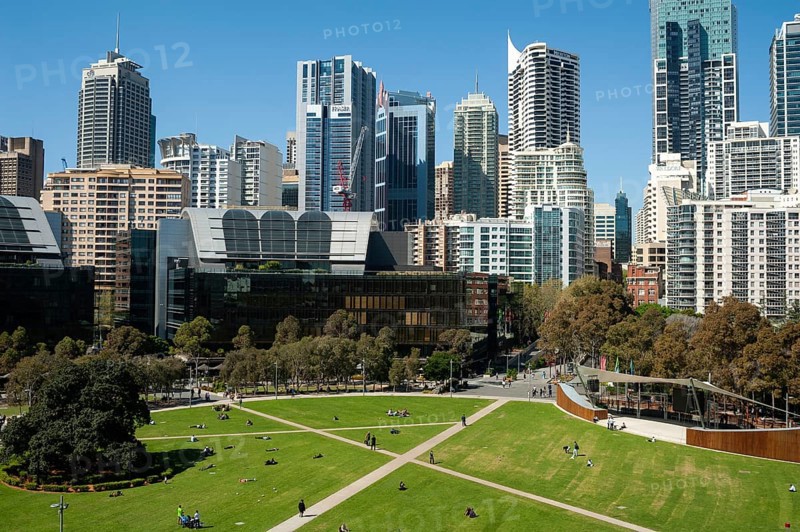 2018-09-18, Sydney, New South Wales, Australia, A view of the skyline of Sydney's business district with Tumbalong Park in the foreground, Oceania