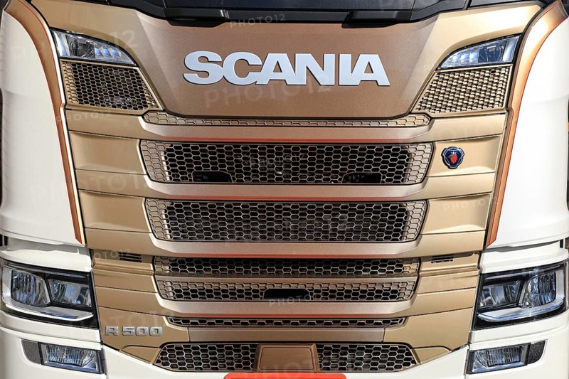 FORSSA, FINLAND, MAY 1, 2017: Detail of Next Generation Scania R500 semi truck front in colors of cream and bronze