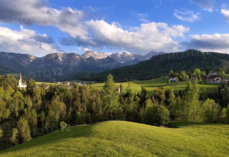 Panoramic view of Steinberg am Rofan, with the Rofanspitze 2259 m, Tyrol, Austria, Europe