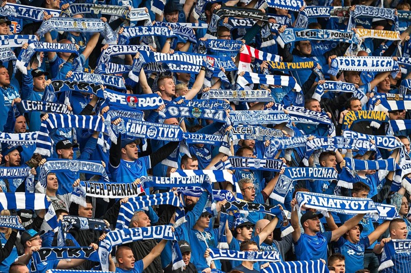 LUBIN, POLAND - AUGUST 6, 2023: Football match Polish PKO Ekstraklasa between KGHM Zaglebie Lubin vs Lech Poznan 1:1. Supporters of Lech with scarfs.