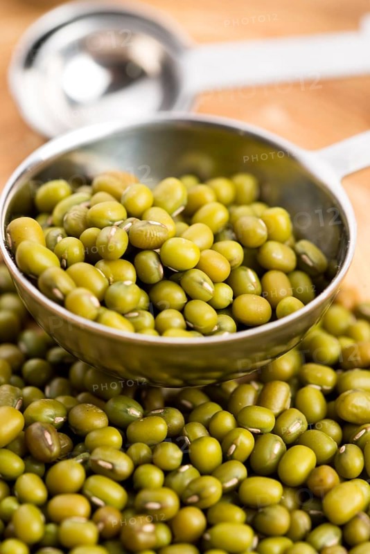 Mung beans over wooden spoon, lodz, poland
