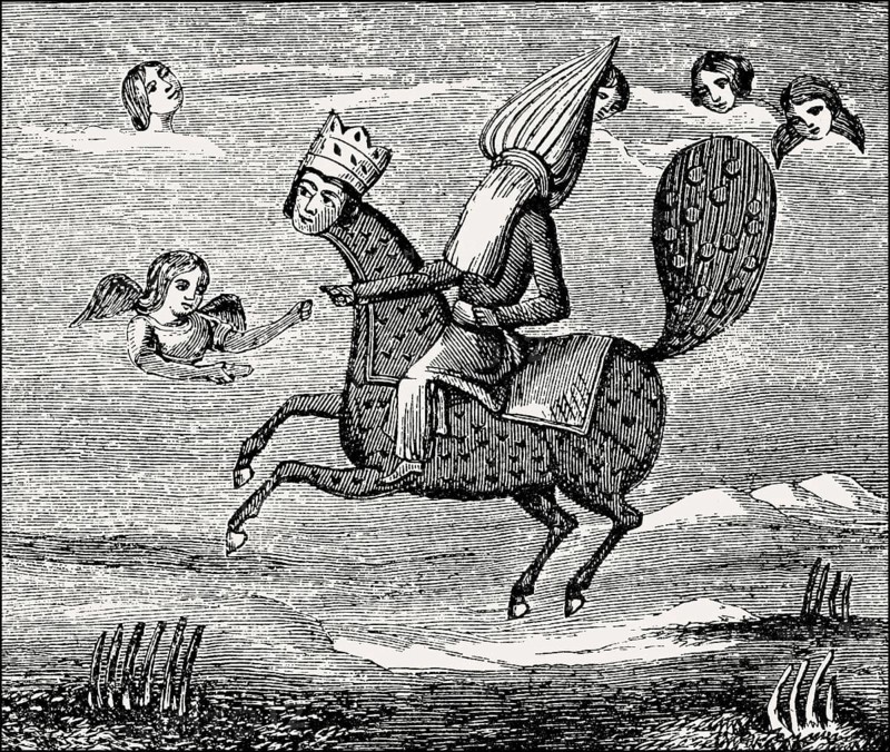 The mythical creature Buraq carried the Islamic prophet Muhammad up in the heavens, Persian miniature