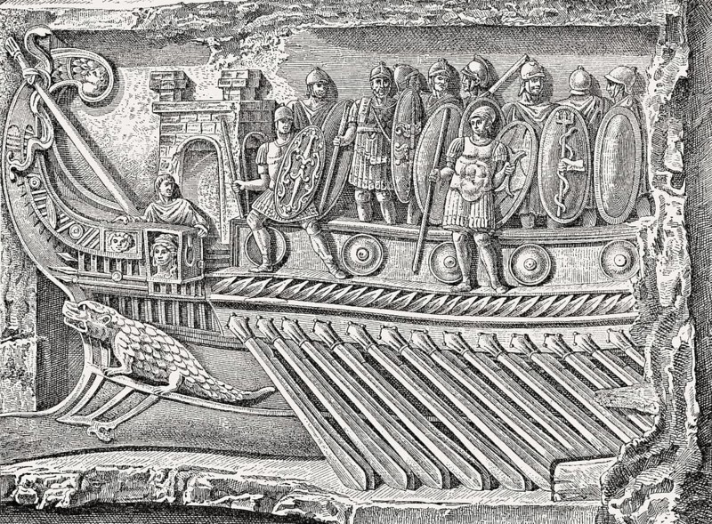 A Roman naval bireme, relief from the Temple of Fortuna Primigenia in Praeneste, ancient Roman Empire