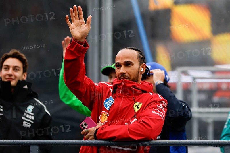 MELBOURNE, AUSTRALIA - MARCH 16: Lewis Hamilton of Great Britain and Scuderia Ferrari during the driver's parade at the 2025 Australian Grand Prix at Albert Park in Melbourne, Australia, Oceania