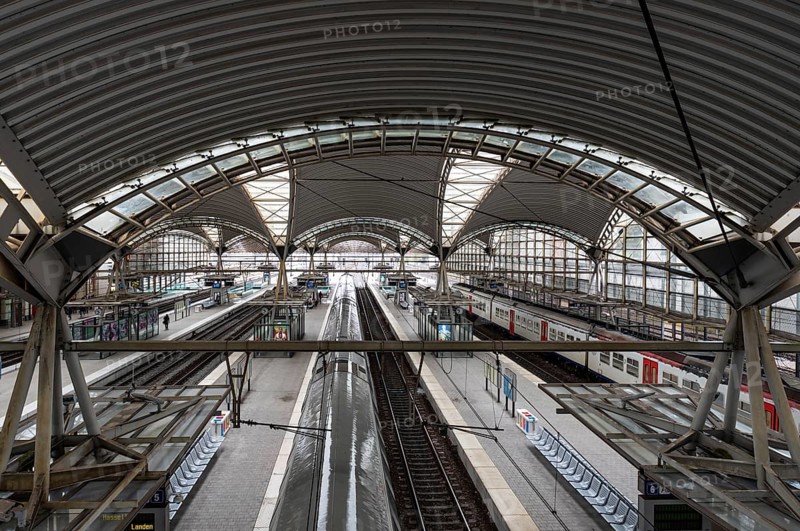 Leuven, Flemish Brabant Region, Belgium 10 31 2021: High angle view over the ceiling, platform and rails of the train station
