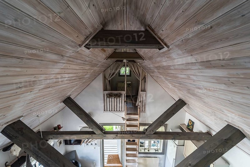 Rensmur, Sala Vastmanland County -Sweden, 08 06 2019: Wooden structure of the ceiling of a traditional Swedish summer house