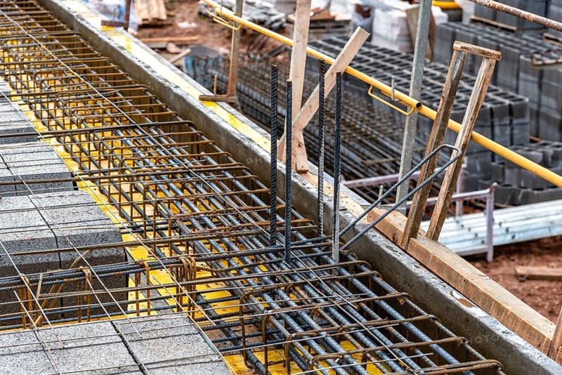 Detail of reinforced concrete slab with lightweight concrete blocks under construction