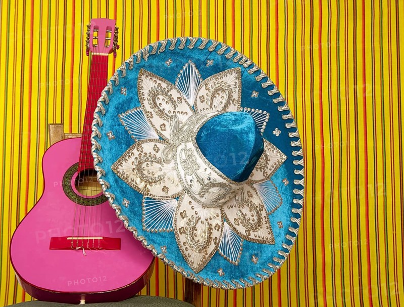 Mariachi embroidery mexican hat pink guitar in striped background