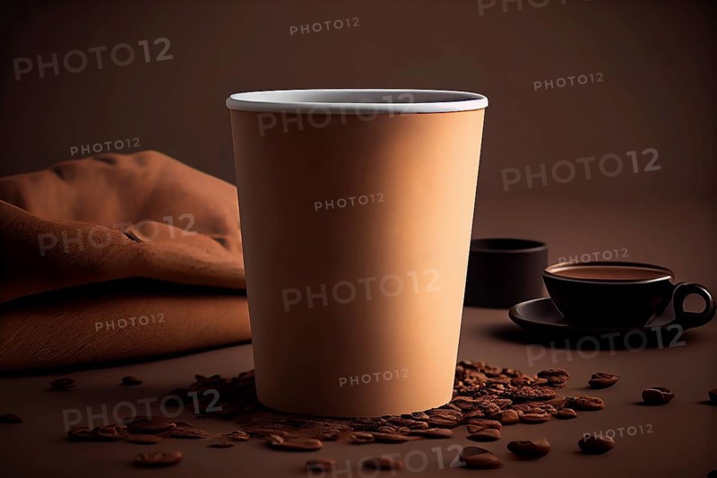 Blank take away kraft coffee cup on table with blurry background