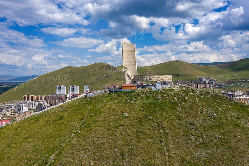 Aerial view of Memorial to Soviet soldiers on Zaisan Tolgoi in Ulaanbaatar, Mongolia, Asia