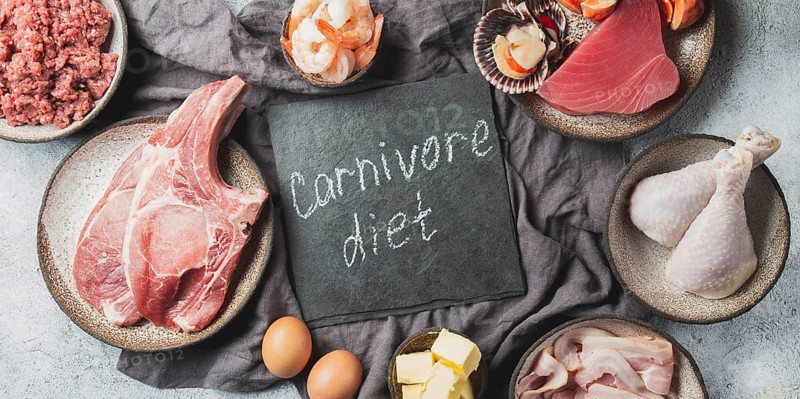 Food, Selection food for CARNIVORE DIET. Seafood, Meat, megs and fat. Zero carbs diet concept