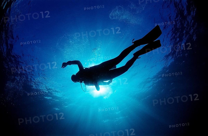 Diver against the light, Bali, Indian Ocean, Indonesia, Asia