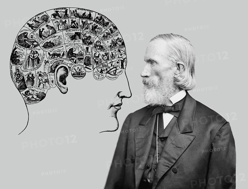 Orson Squire Fowler, 1809 – 1887, American phrenologist with a Phrenological Chart, head with mental and moral faculties