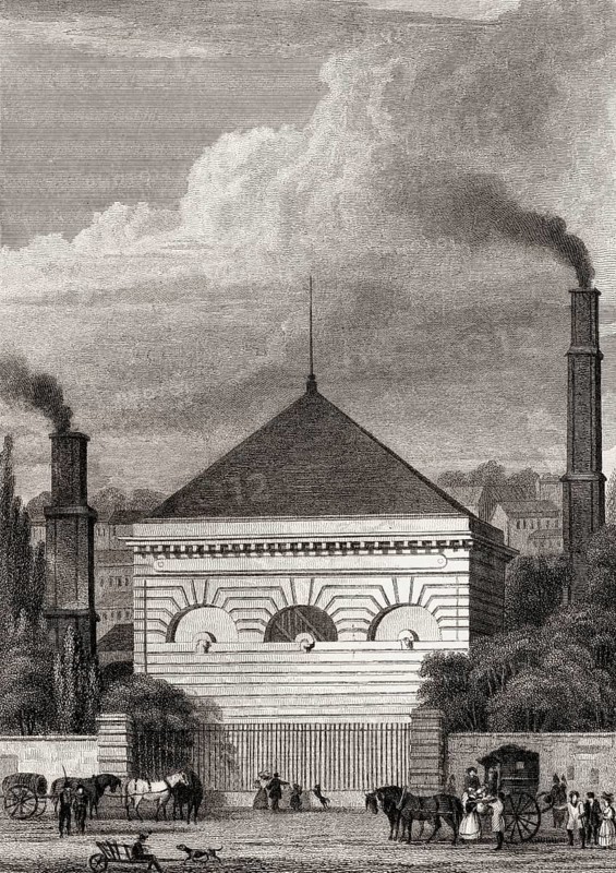 La pompe à feu, Passy, Paris, antique steel engraved print, 1831