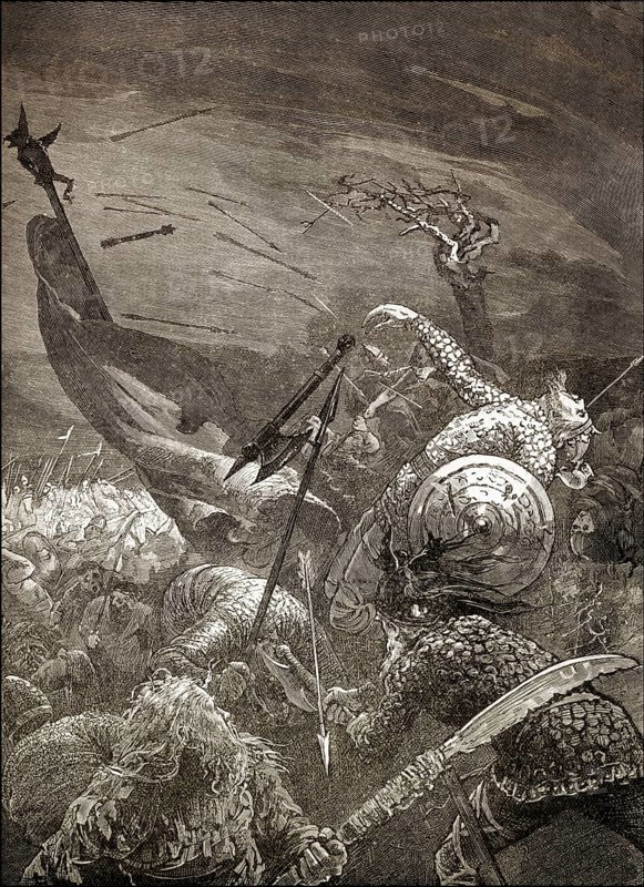 The death of Harold II or Harold Godwinson, c. 1022 - 1066, at the Battle of Hastings, 1066, the last Anglo-Saxon King of England