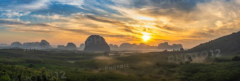 Mountain sunrise view at Din Deang Doi viewpoint with tropical forest, Krabi Thailand nature landscape panorama