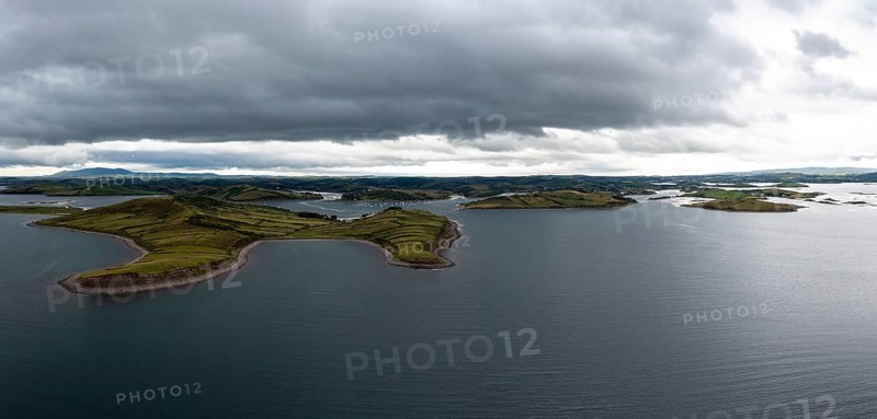 Drone panorama landscape of Rosmoney Pier and marina and the drumlin islands of Clew Bay