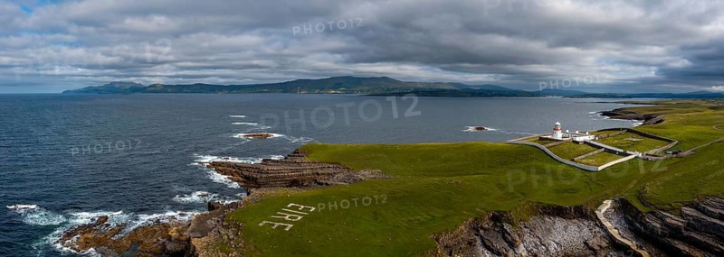 A drone panorama landscape of St. John's Point and the lighthouse in Donegal Bay in the northwest of Ireland