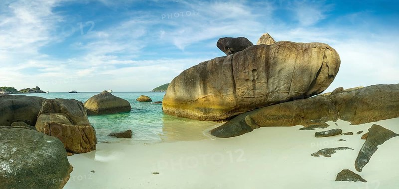 Panorama landscape with beach and rocks on Similan islands at sunset, Thailand, Asia