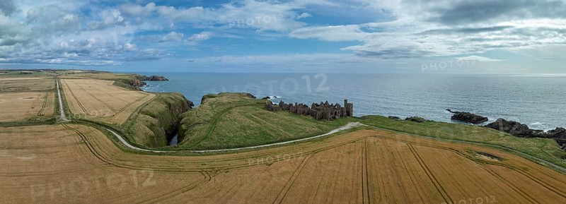 Slains Castle, castle ruins on the cliffs, drone shot, Cruden Bay, Peterhead, Aberdeenshire, Scotland, Great Britain