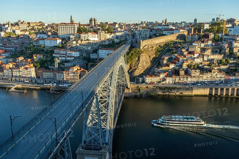 Porto City, Douro River and Empty Dom Luis Bridge I in Morning. View from Famous Tourist Viewpoint Miradouro da Serra do Pilar. Portugal