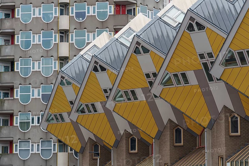 Modern cube houses with yellow and grey facades in Rotterdam, rotterdam, the netherlands