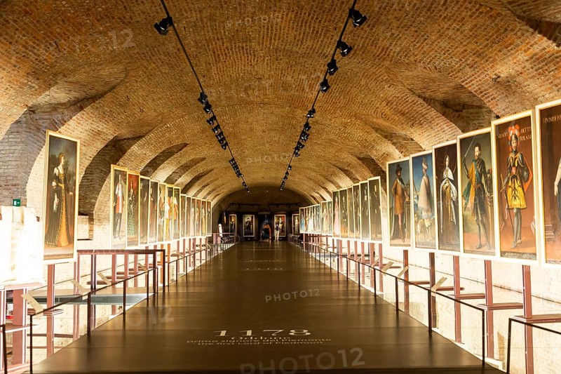 Venaria Reale, Turin, Italy, 16 July 2023: old gallery, museum with paintings perspective, Europe