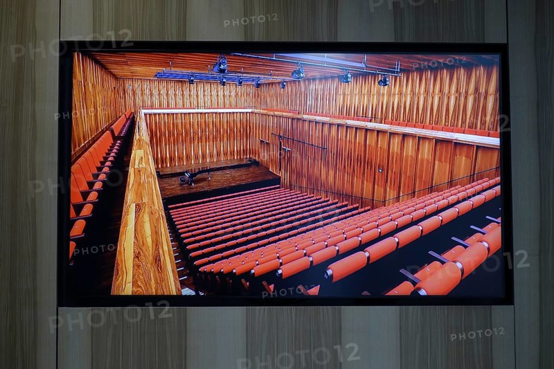 Würth Museum 2, interior view of an auditorium with wooden wall panelling and red seats, Carmen Würth Forum, Gaisbach, Künzelsau, Baden-Württemberg, Germany, Europe
