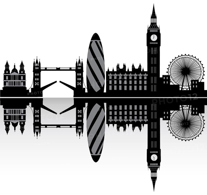 Illustration drawing of the London city skyline England with the wheel and the tower bridge