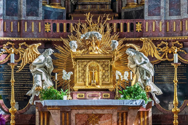 Tabernacle on the main altar of the Roman Catholic Church of St Verena, Bad Wurzach, Allgäu, Baden-Württemberg, Germany, Europe