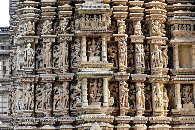 Erotic sculptures, Khajuraho, UNESCO World Heritage Site, Madhya Pradesh, India, Asia, Large collection of reliefs and sculptures on the walls of an impressive temple, Rajasthan, North India, Asia