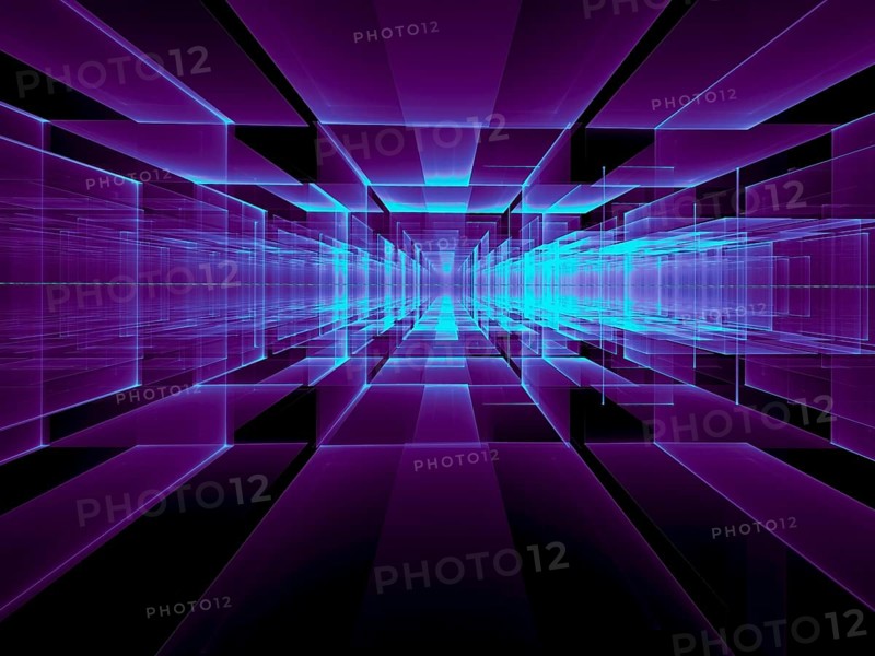 Abstract perspective technology background - computer-generated image. Fractal art: blocks and grid. Purple tech backdrop for hi-tech or science fiction design projects