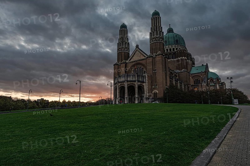 Koekelberg, Brussels Capital Region, Belgium, 10 30 2019 Monumental view over the basilica of the Sacred Heart and the path and law, Europe