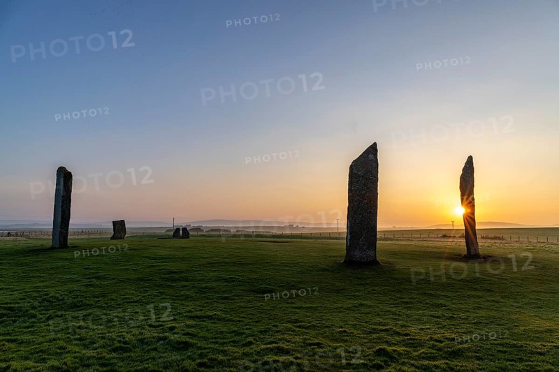 Stones of Stenness Circle and Henge at sunrise, stone circle and henge, Neolithic monument, UNESCO World Heritage Site, Mainland, Orkney Island, Scotland, Great Britain