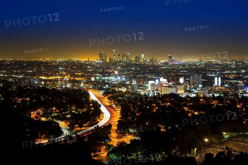 Downtown LA night Los Angeles sunset skyline California from high view