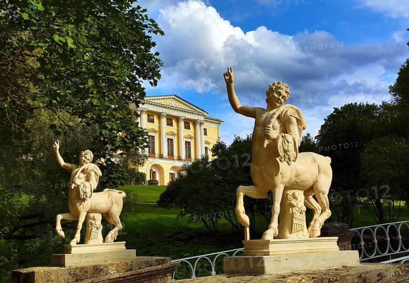 Centaurs bridge and palace in Pavlovsk park St. Petersburg Russia
