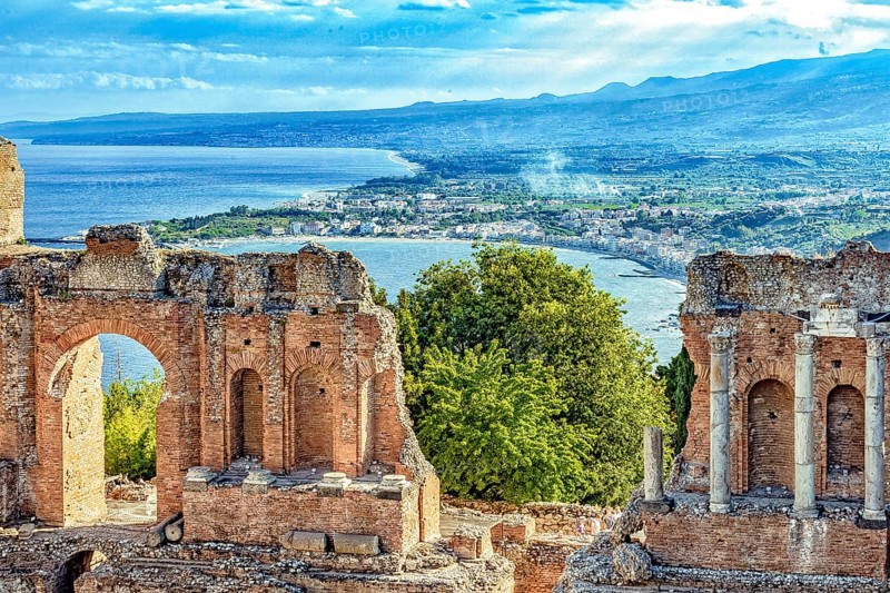 Greek theatre of Taormina, bay of Giardini-Naxos in Sicily